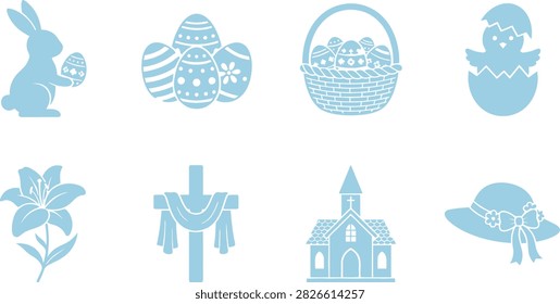 A set of light blue Easter themed vector icons featuring a rabbit, decorated eggs, a basket, a chick, a lily, a cross, a church, and a bonnet.