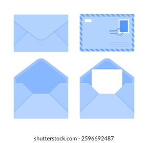 Set of light blue envelopes in different styles, including closed, open, and with a letter. Mail, correspondence, and stationery concept. Flat vector illustration isolated on white background