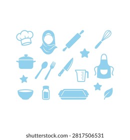 Set of light blue flat icons for cooking and baking. Features kitchen tools like a whisk, rolling pin, pot, and an apron, with a Muslim chef's hijab