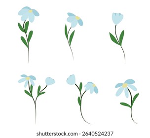 Set of  light blue flowers with yellow centers and green stems, illustrated in a simple flat style