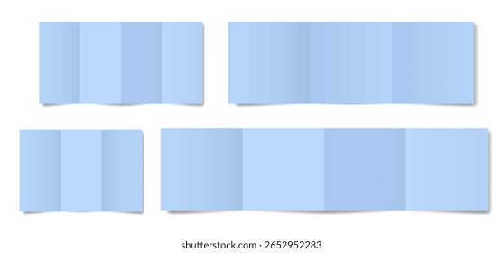 Set of light blue folded paper sheets. Double gate fold. Vertical pages. Blank booklet. Four panel accordion fold
