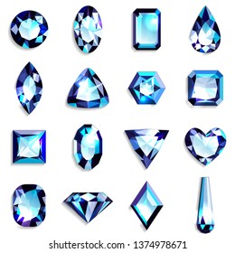 Set of light blue gemstones of various shapes. Jewels on white background. Vector illustration.
