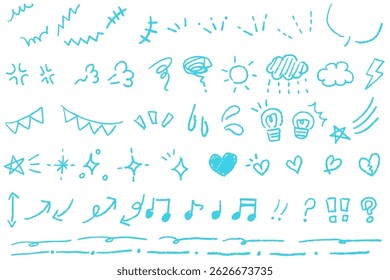 A set of light blue hand-drawn line drawings of manga icons.