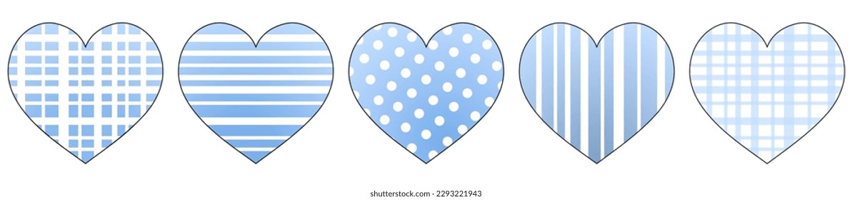 A set of light blue hearts in dotted, striped and checkered design.