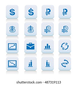 Set of light blue icons with currency items