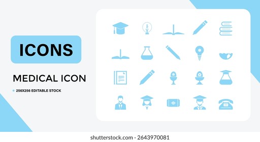 A set of light blue icons related to education, science, and medicine, displayed on a white background.