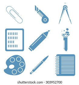 Set of light blue linear icons with stationery and school goods. Can be used for back to school design and stationery stores. Modern vector illustration for web stores or mobile apps. Part 2.