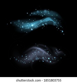 Un juego de magia azul claro ahuman con estrellas de fondo oscuro. Humo mágico para publicidad y paquete de comida. Luces y estrellas. Vector