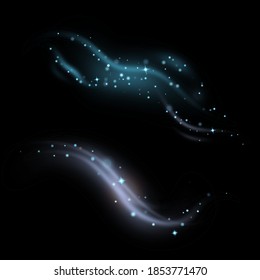 Set of light blue magic smokes with stars on dark background. Magical smoke for food advertising and package. Lights and stars. Vector