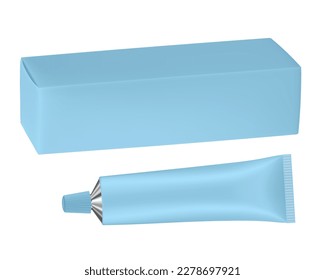 Set of light blue metal tube and box. Realistic mockup. Ointment or salve. Korean packaging. Blank cardboard package	