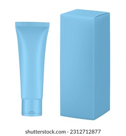 Set of light blue plastic tube and box. Realistic mockup. Ointment or salve. Gel serum. Korean packaging. Blank cardboard package