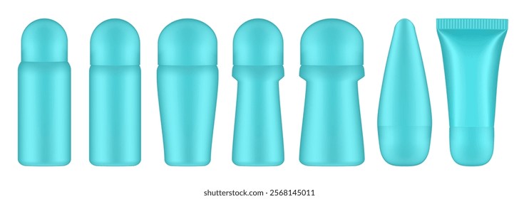 Set of light blue roller ball bottles. Body antiperspirant deodorant roll-on, closed blank bottles with screw cap. Realistic vector mockup