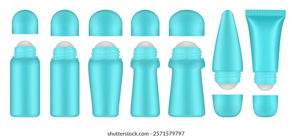 Set of light blue roller ball bottles. Body antiperspirant deodorant roll-on, open blank bottles with screw cap. Realistic vector mockup. Roller Applicator