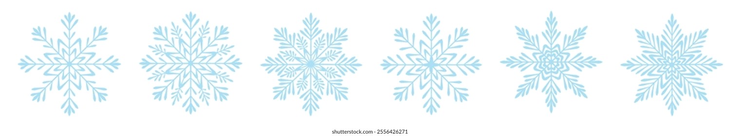 Set of light blue snowflakes in cartoon style.Vector illustration of beautiful winter,different shapes and sizes of snowflakes isolated on white background. Holiday. New Year. Christmas.Winter season.