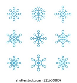 Conjunto de copos de nieve azul claro sobre un fondo blanco. Crystal flake, navidad de invierno. Ideal para fondos, texturas, ícono, logotipo, diseño. Xmas frota silueta plana aislada. Vector
