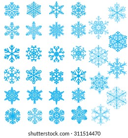 Set of light blue snowflakes on white background