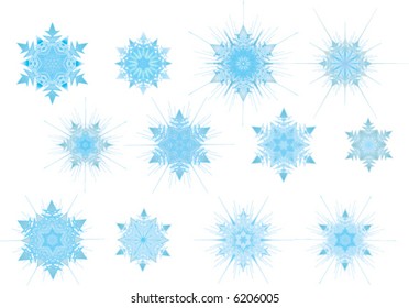 Set of the light blue snowflakes. Radial gradient present. Available in AI format.