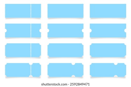 Set of light blue ticket mockups with ruffle edges and shadows. Empty template. Concert, movie or theater ticket. Boarding blank, lottery, sale coupon	