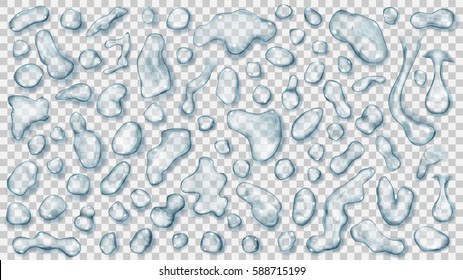 Set of light blue translucent drops of different shapes with shadows, isolated on transparent background. Transparency only in vector file