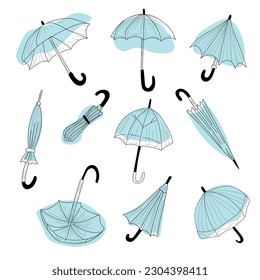 Set of light blue umbrellas on white background