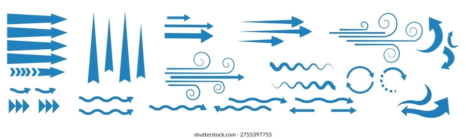 Set of light blue vector arrow. Air flow and ventilation, climate control, air direction circulation motion and strength signs.