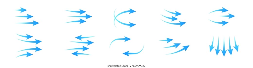Set of light blue vector arrow icons illustrating air flow, wind direction, or water currents vector elements