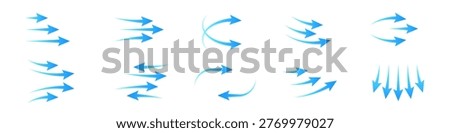 Set of light blue vector arrow icons illustrating air flow, wind direction, or water currents vector elements