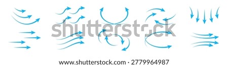 Set of light blue vector arrow icons illustrating air flow, wind direction, or water currents vector elements
