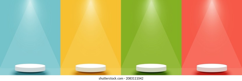 Set of Light Blue, Yellow, Green, Red scene background. White 3d stage podium with Abstract spotlights. Pedestal for product display, advertising, show, Holiday. Minimal style. Vector illustration.