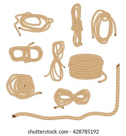 Set of light brown ropes folded in different ways and folded several times around itself. Vector.