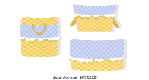 set of light brown wicker empty basket with blue checkered linen and white lace. Romantic illustration in flat style. Cute vector for clip art picnic or table decoration