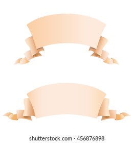 Set of light brown wide, short volume curved semicircle arc strips, tapes of fabric or old paper with curly edges. Decorative retro ribbon with empty space for title writing, isolated vector element