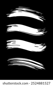 Set of light brush strokes. White creative brush strokes isolated on black background, freehand drawings. Uneven strokes with jagged edges. Vector illustration.