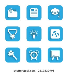 Set Light bulb, Alarm clock, Chalkboard, Music note, tone, Unknown search, Medal, Graduation cap and Document folder with clip icon. Vector