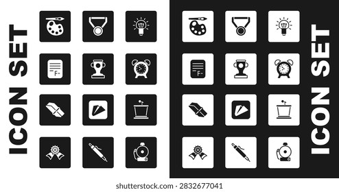 Set Light bulb, Award cup, Exam paper with incorrect answers, Paint brush palette, Alarm clock, Medal, Stage stand and Eraser rubber icon. Vector
