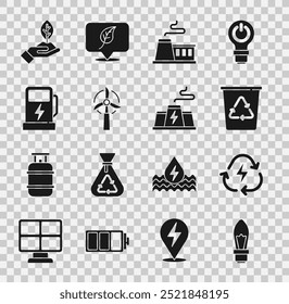 Set Light bulb, Battery with recycle, Recycle bin, Factory, Wind turbine, Electric car charging station, Plant hand and Power plant factory icon. Vector