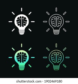 Set of light bulb with a brain inside. Creating ideas, mind thinking concept. Illustration vector 