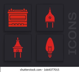 Set Light bulb, Car battery, Electric plug and Electric plug icon. Vector