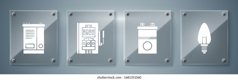 Set Light bulb, Car battery, Electrical panel and Car battery. Square glass panels. Vector