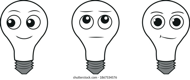Set of light bulb, cartoon illustration vector, face confused, happy, quiet, kawaii