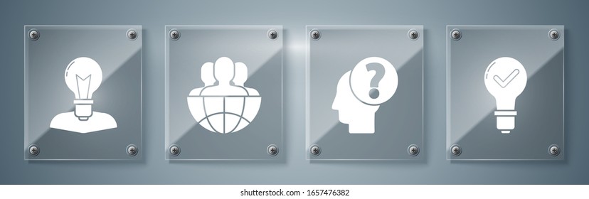 Set Light bulb and check mark, Human head with question mark, Globe and people and Human head with lamp bulb. Square glass panels. Vector