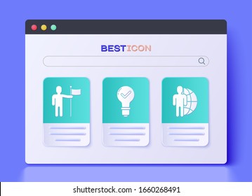 Set Light bulb and check mark, Man holding flag and Globe and people icon. Vector
