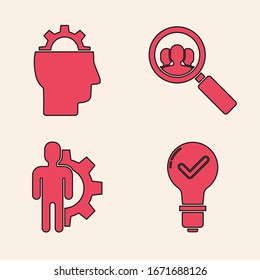Set Light bulb and check mark, Human with gear inside, Magnifying glass for search a people and Human with gear inside icon. Vector