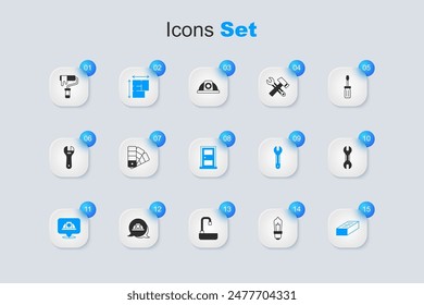 Set Glühbirne, Farbpalettenführung, House-Paket, Arbeiter-Sicherheitshelm, Ziegel, Schraubenschlüssel, Pinsel und Icon der geschlossenen Tür. Vektorgrafik