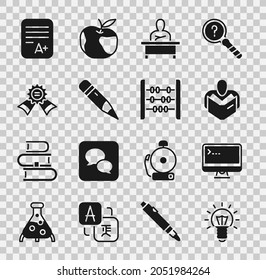 Set Light bulb, Computer monitor, Man reading book, Schoolboy sitting at desk, Pencil with eraser, Medal, Exam sheet A plus grade and Abacus icon. Vector