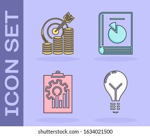Set Light bulb with concept of idea, Target with coin symbol, Clipboard with graph chart and User manual icon. Vector