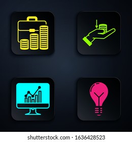 Set Light bulb with concept of idea, Briefcase and coin, Computer monitor with graph chart and Money on hand. Black square button. Vector