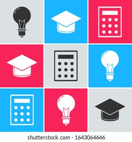 Set Light bulb with concept of idea, Graduation cap and Calculator icon. Vector