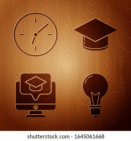 Set Light bulb with concept of idea, Clock, Monitor with graduation cap and Graduation cap on wooden background. Vector