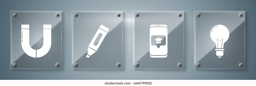 Ponga bombilla con concepto de idea, tapa de graduación en el smartphone de la pantalla, lápiz de marcador y imán. Paneles de vidrio cuadrado. Vector